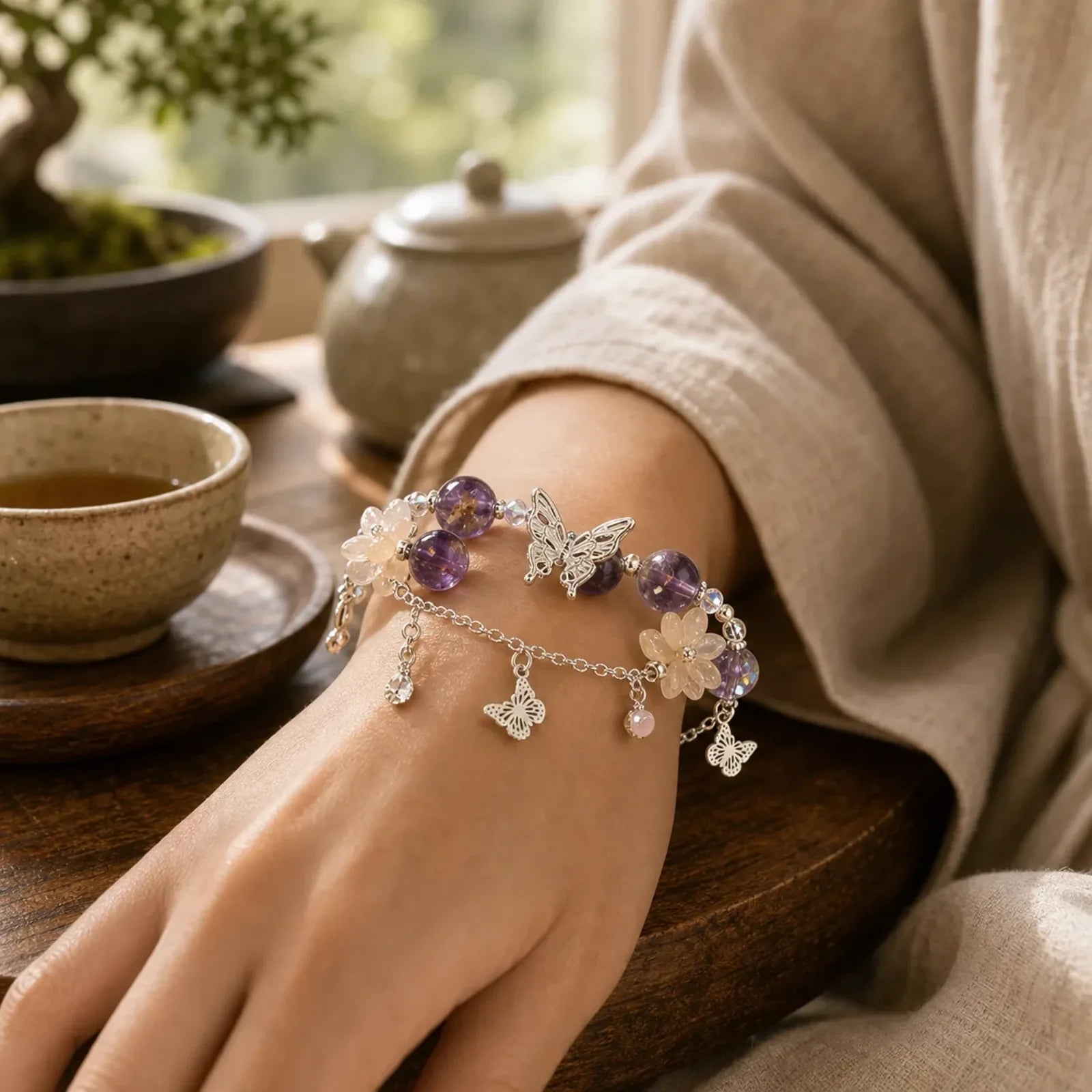 Natural Purple Phantom Butterfly Flowers Wisdom Bracelet featuring Purple Phantom, Butterfly, Clear Quartz / White Crystal