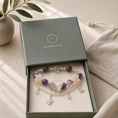 Natural Purple Phantom Butterfly Flowers Wisdom Bracelet featuring Purple Phantom, Butterfly, Clear Quartz / White Crystal
