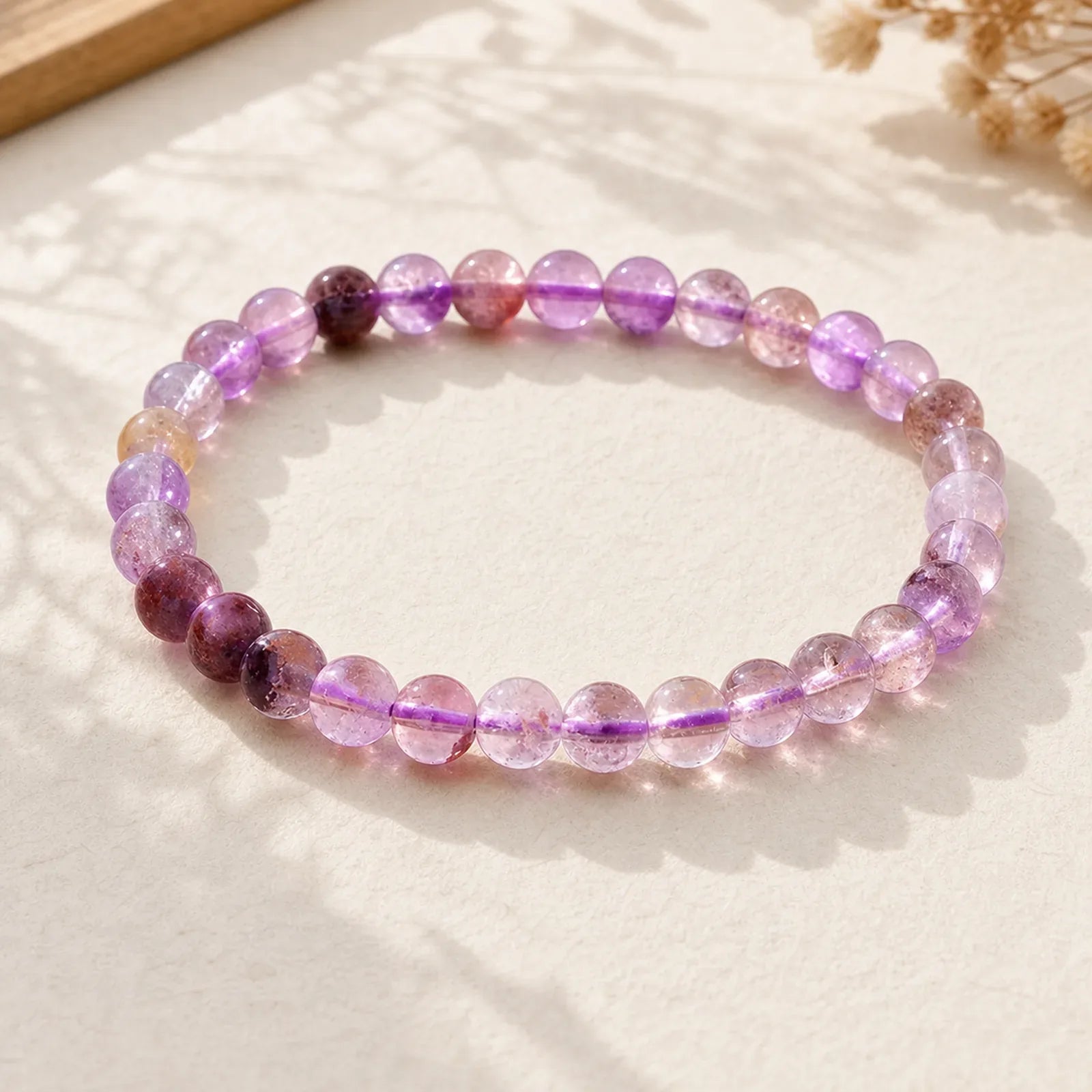 Natural Purple Phantom Love Wisdom Bracelet featuring Purple Phantom, Clear Quartz / White Crystal, Green Phantom
