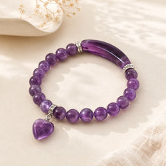 Natural Quartz Love Heart Healing Beads Bracelet featuring Amethyst, Pink Crystal, Lapis Lazuli (Lazurite)