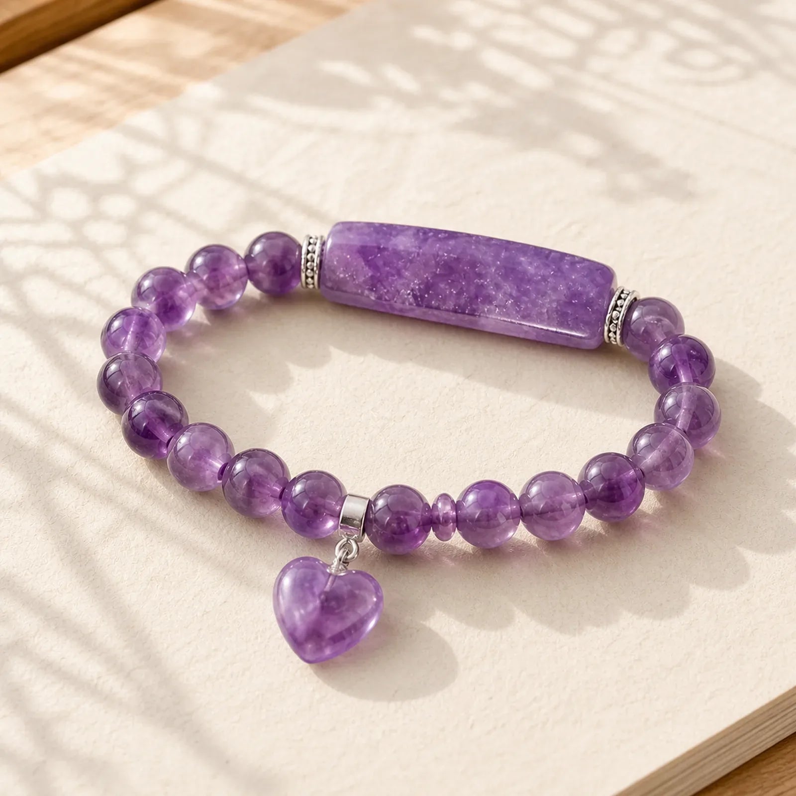 Natural Quartz Love Heart Healing Beads Bracelet featuring Amethyst, Pink Crystal, Lapis Lazuli (Lazurite)