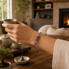 Natural Quartz Love Heart Healing Beads Bracelet featuring Amethyst, Pink Crystal, Lapis Lazuli (Lazurite)