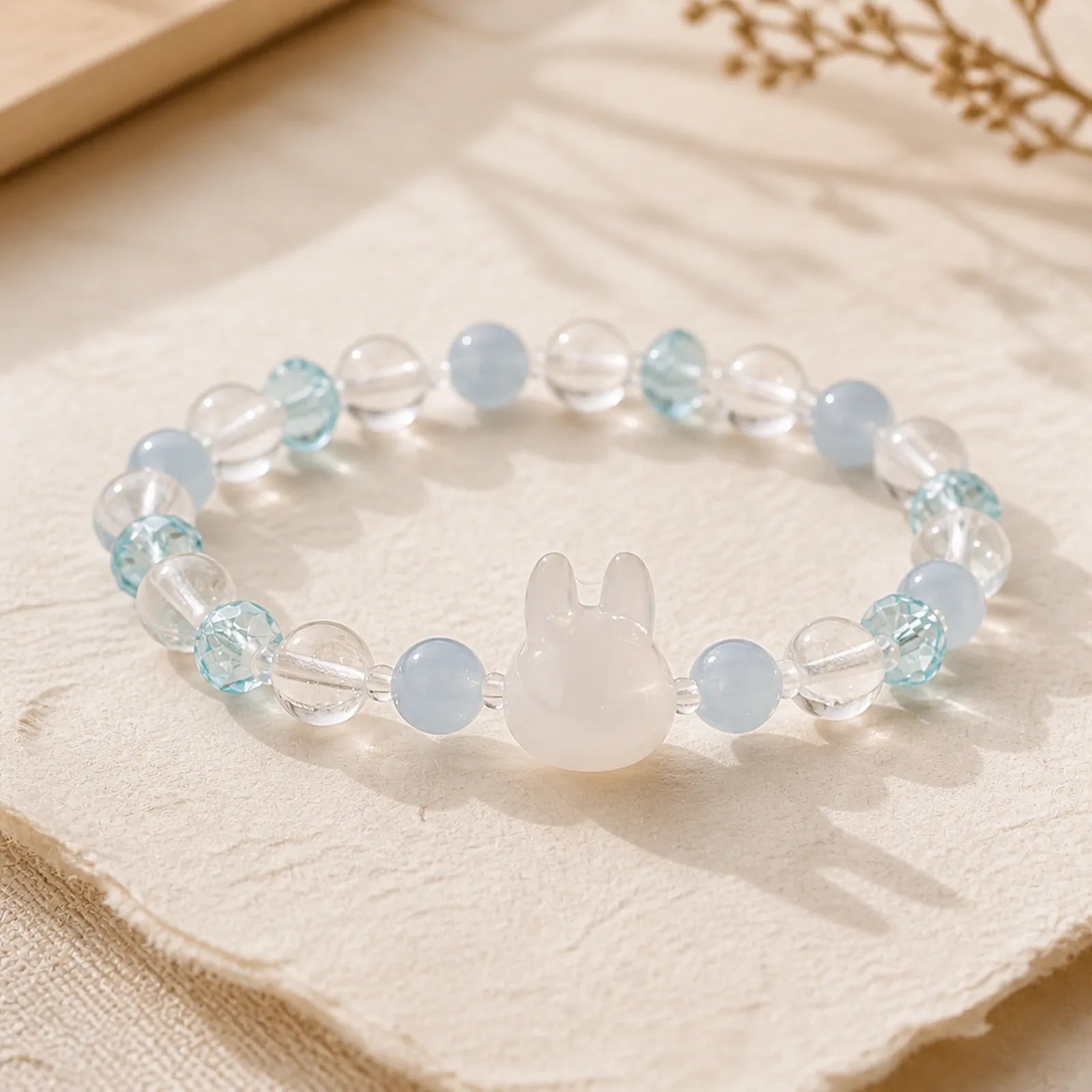 Natural Rabbit Aquamarine White Crystal Healing Bracelet featuring Aquamarine, Clear Quartz / White Crystal