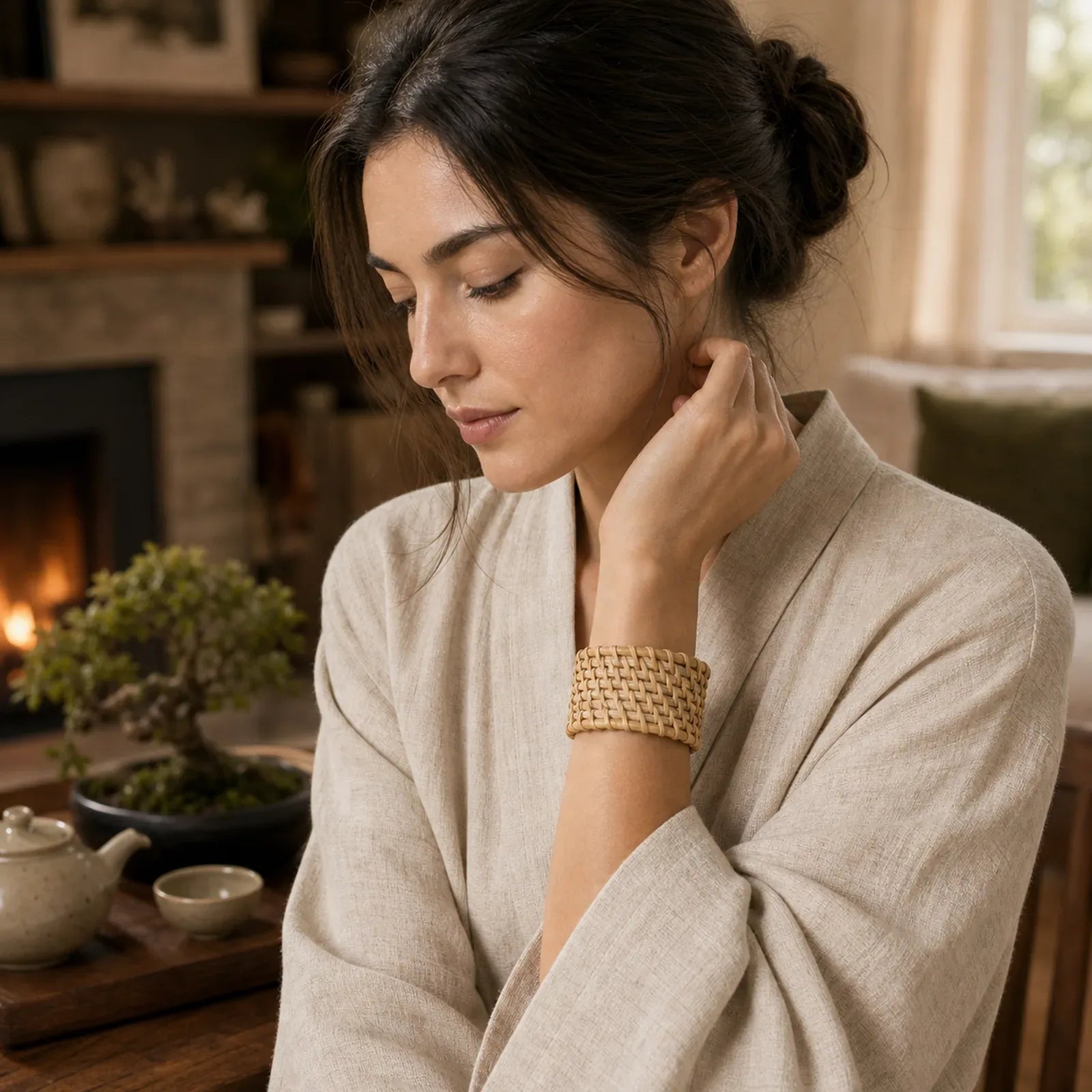 Natural Rattan Protection Hand-Woven Boho Wide Cuff Bracelet featuring