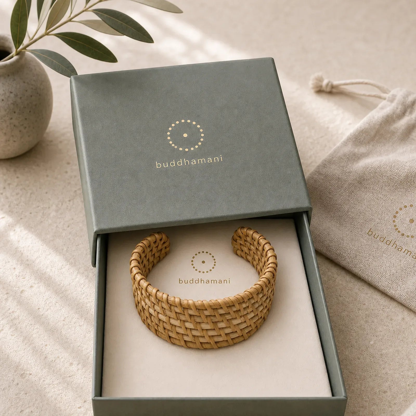 Natural Rattan Protection Hand-Woven Boho Wide Cuff Bracelet featuring