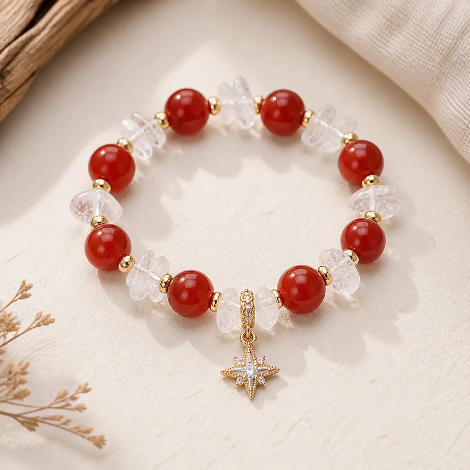 Natural Red Agate Clear Quartz Hexagram Charm Confidence Bracelet featuring Red Agate, Clear Quartz / White Crystal