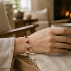 Natural Red Agate Clear Quartz Hexagram Charm Confidence Bracelet featuring Red Agate, Clear Quartz / White Crystal
