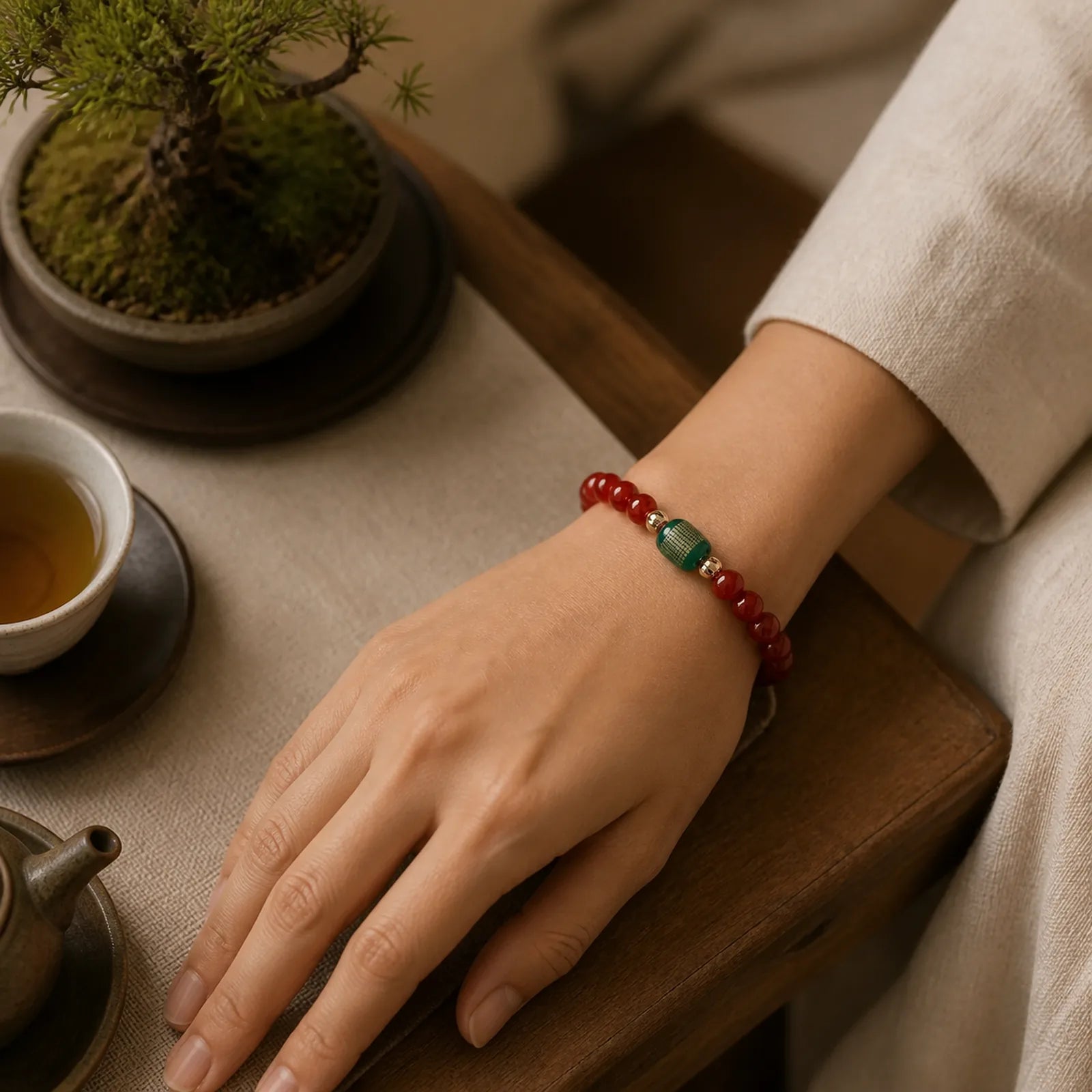 Natural Red Agate Green Agate Buddhist Sutras Calm Bracelet featuring Red Agate, Green Agate, Copper