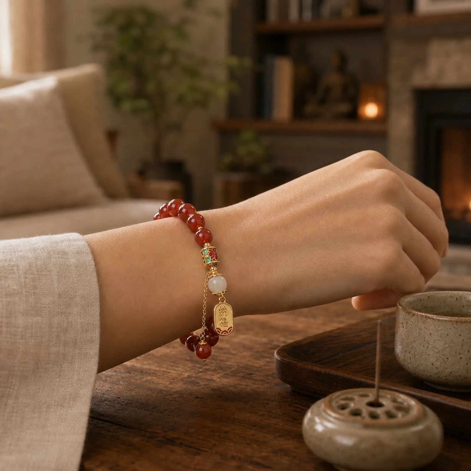 Natural Red Agate Hetian Jade Fu Character Confidence Charm Bracelet featuring Red Agate, Jade, Fu Character