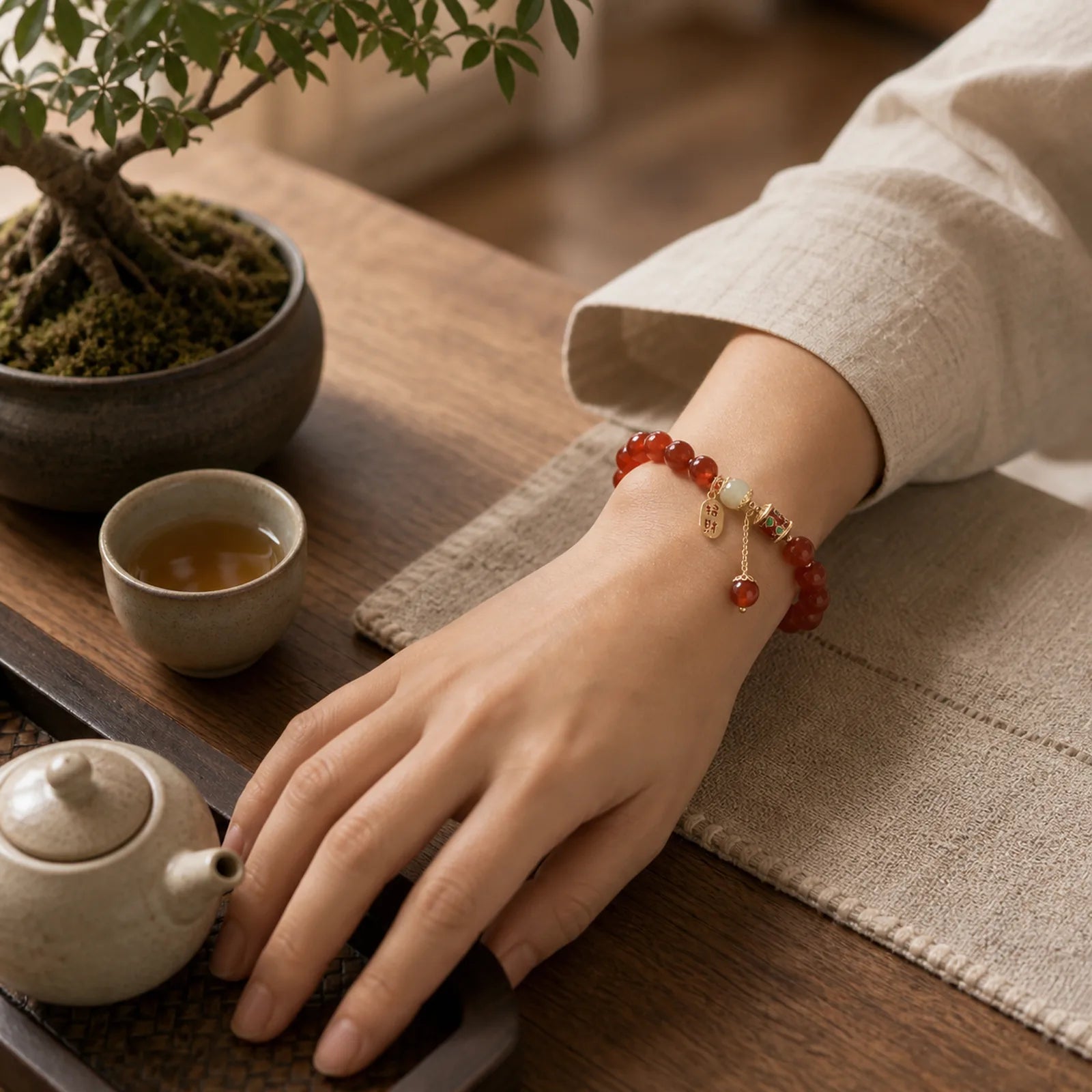 Natural Red Agate Jade Confidence Fortune Blessing Charm Bracelet featuring Red Agate, Jade, Copper