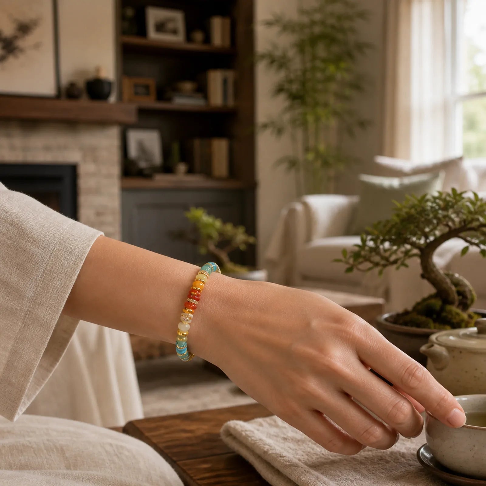 Natural Red Agate Jade Rainbow Confidence Bracelet featuring Red Agate, Jade, Turquoise