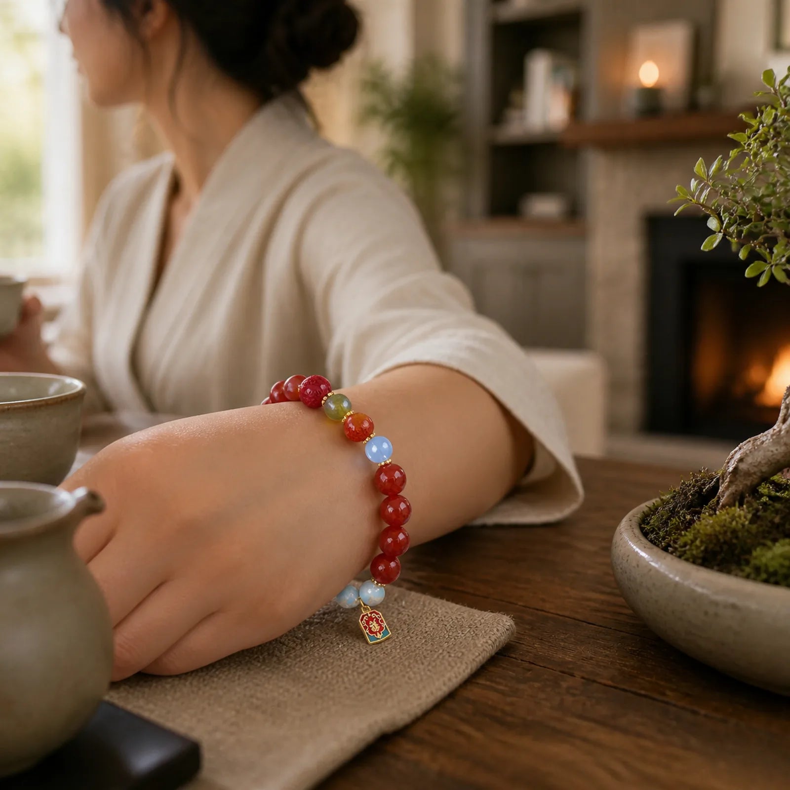 Natural Red Agate Peace Talisman Fu Character Dragon Tail Confidence Charm Bracelet featuring Red Agate, Fu Character, Dragon