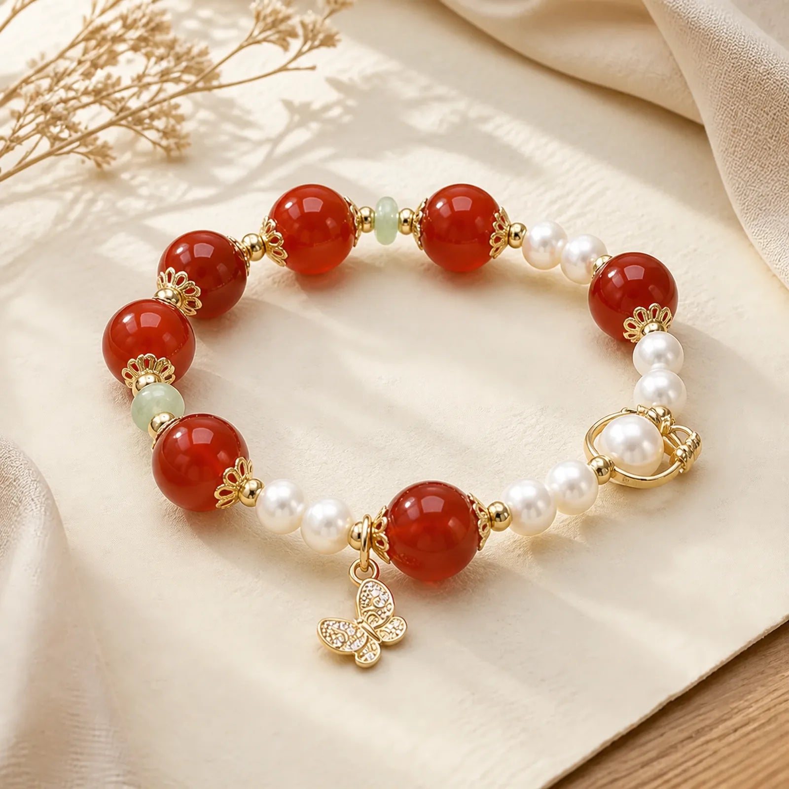 Natural Red Agate Pearl Butterfly Self-acceptance Bracelet featuring Red Agate, Pearl, Butterfly