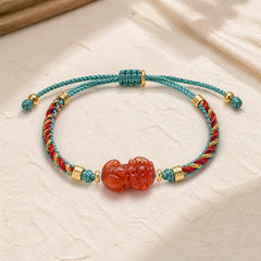 Natural Red Agate Pixiu Confidence Four-strand Braid Rope Bracelet featuring Red Agate, Pixiu, Red String
