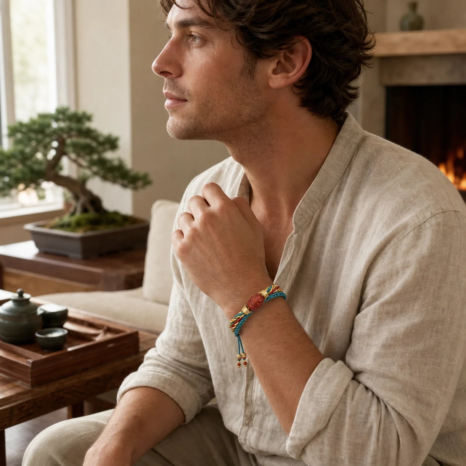 Natural Red Agate Pixiu Confidence Four-strand Braid Rope Bracelet featuring Red Agate, Pixiu, Red String