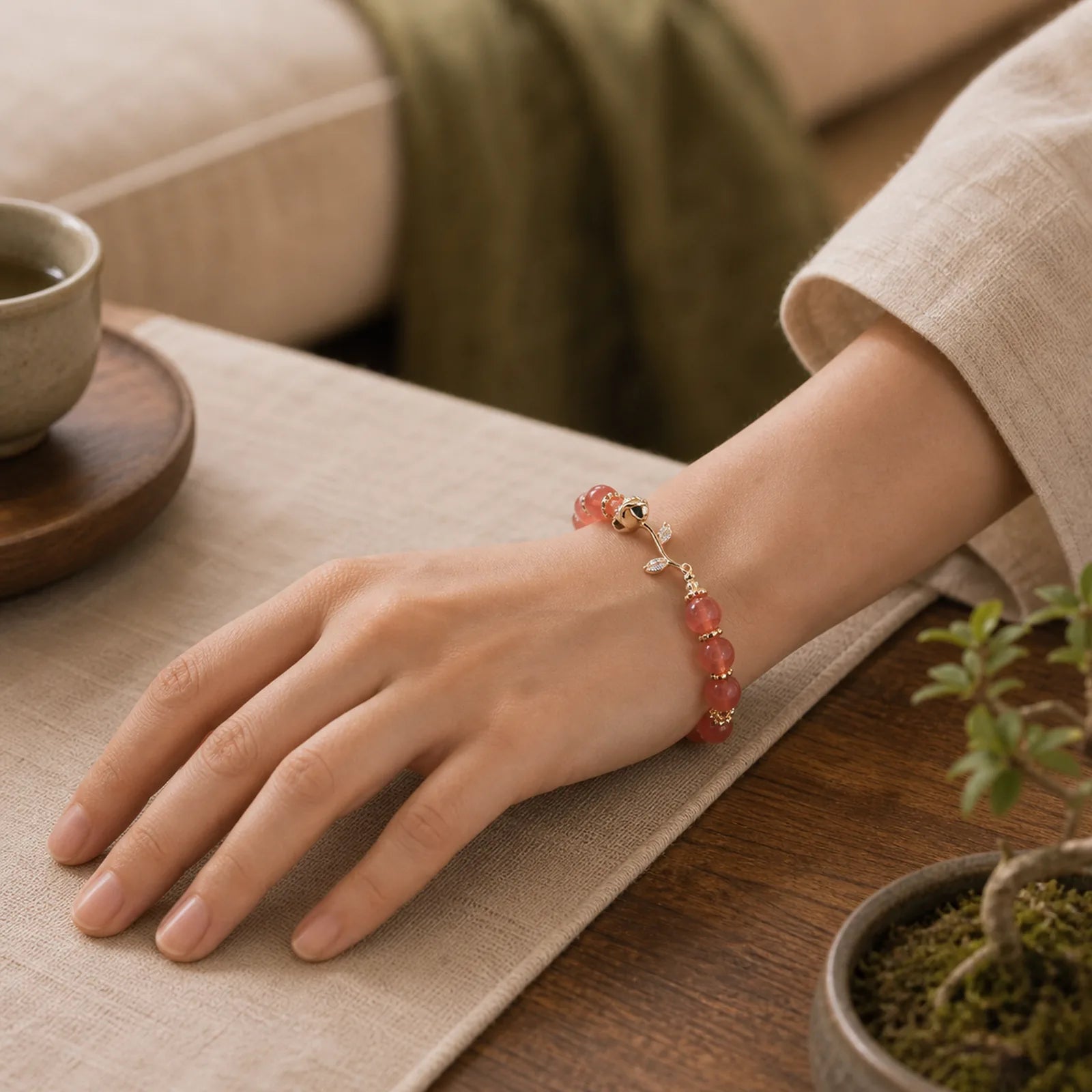 Natural Red Agate Rose Confidence Calm Chain Bracelet featuring Red Agate, Copper