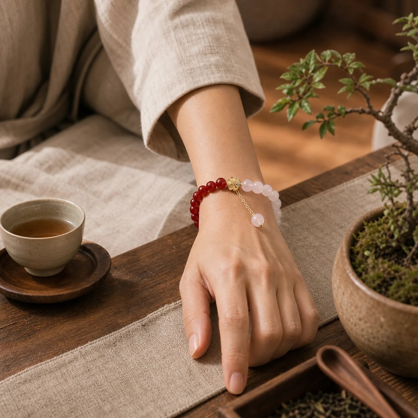 Natural Red Agate White Agate Peach Blossom Self-acceptance Bracelet featuring Red Agate, White Agate, White Stone