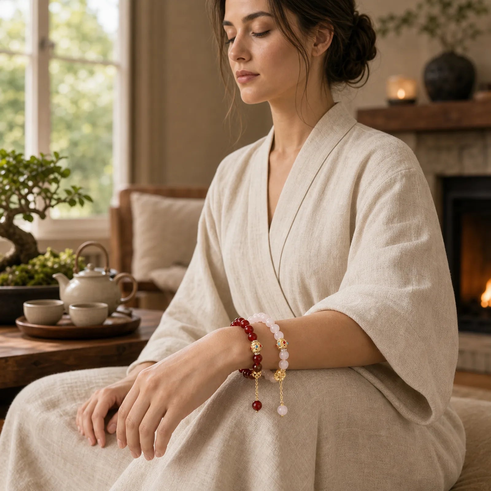 Natural Red Agate White Agate Peach Blossom Self-acceptance Bracelet featuring Red Agate, White Agate, White Stone