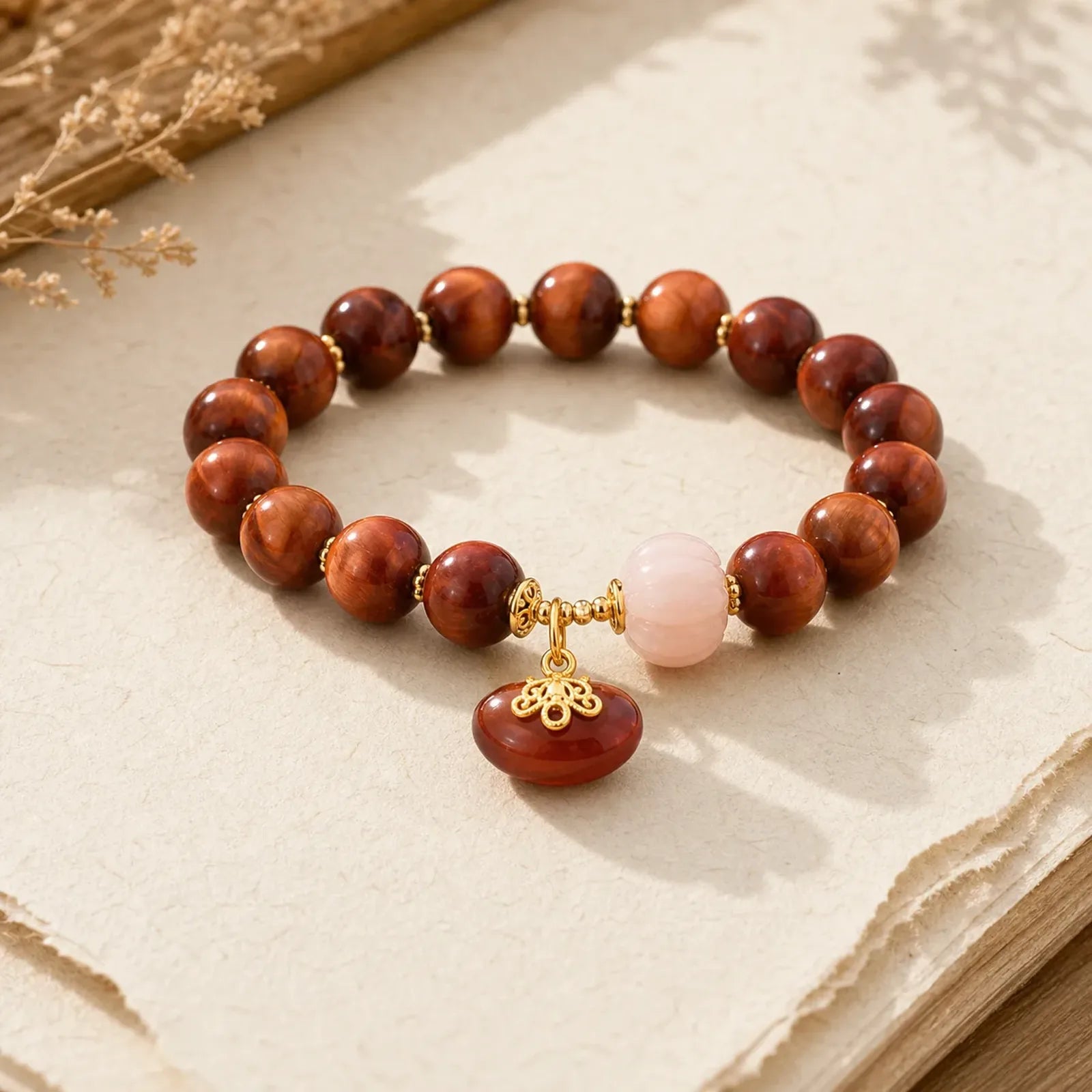 Natural Red Tiger Eye Pumpkin Calm Bracelet featuring Red Tiger Eye, Tiger Eye, Pixiu