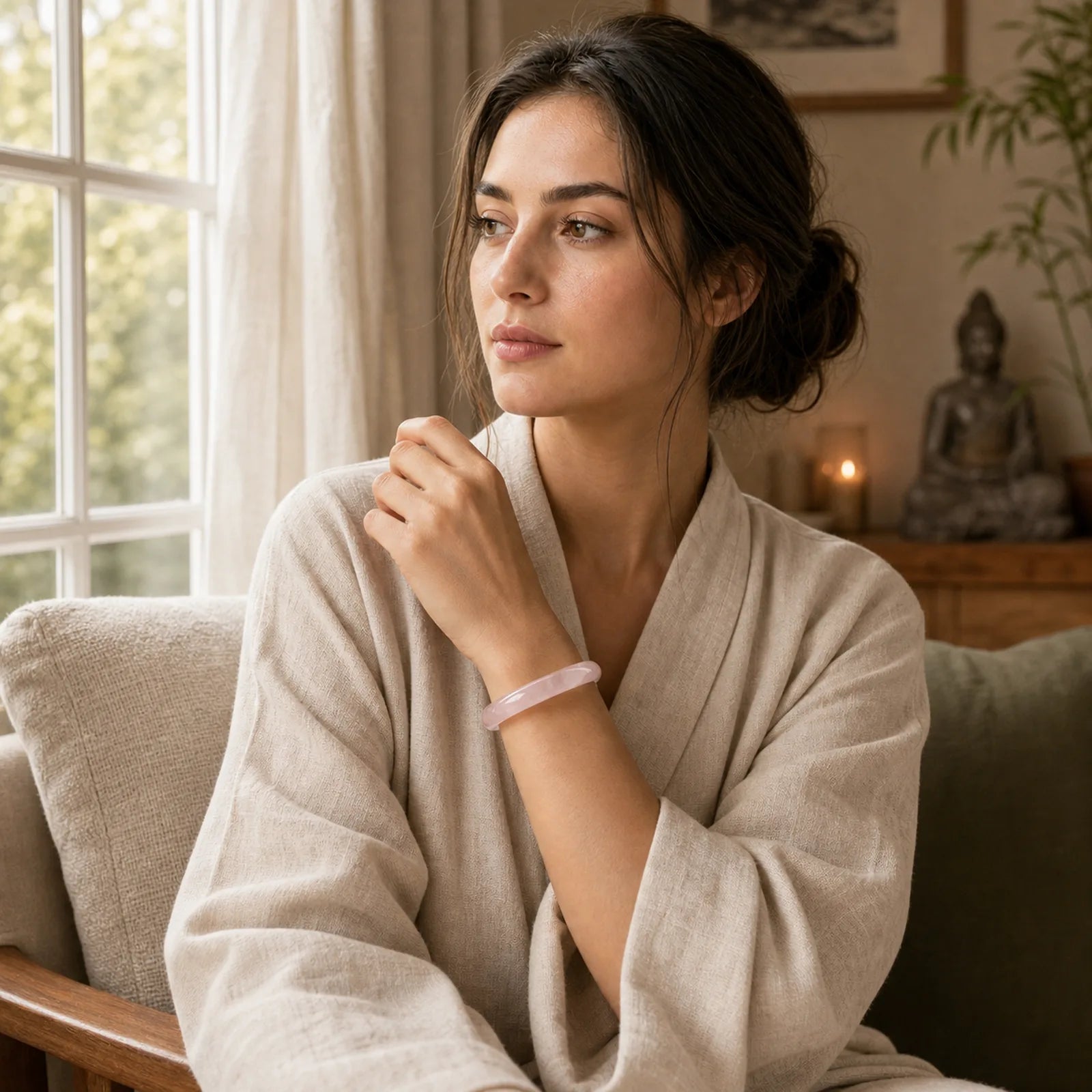 Natural Rose Quartz Love Caring Bracelet Bangle featuring Rose Quartz, Jade
