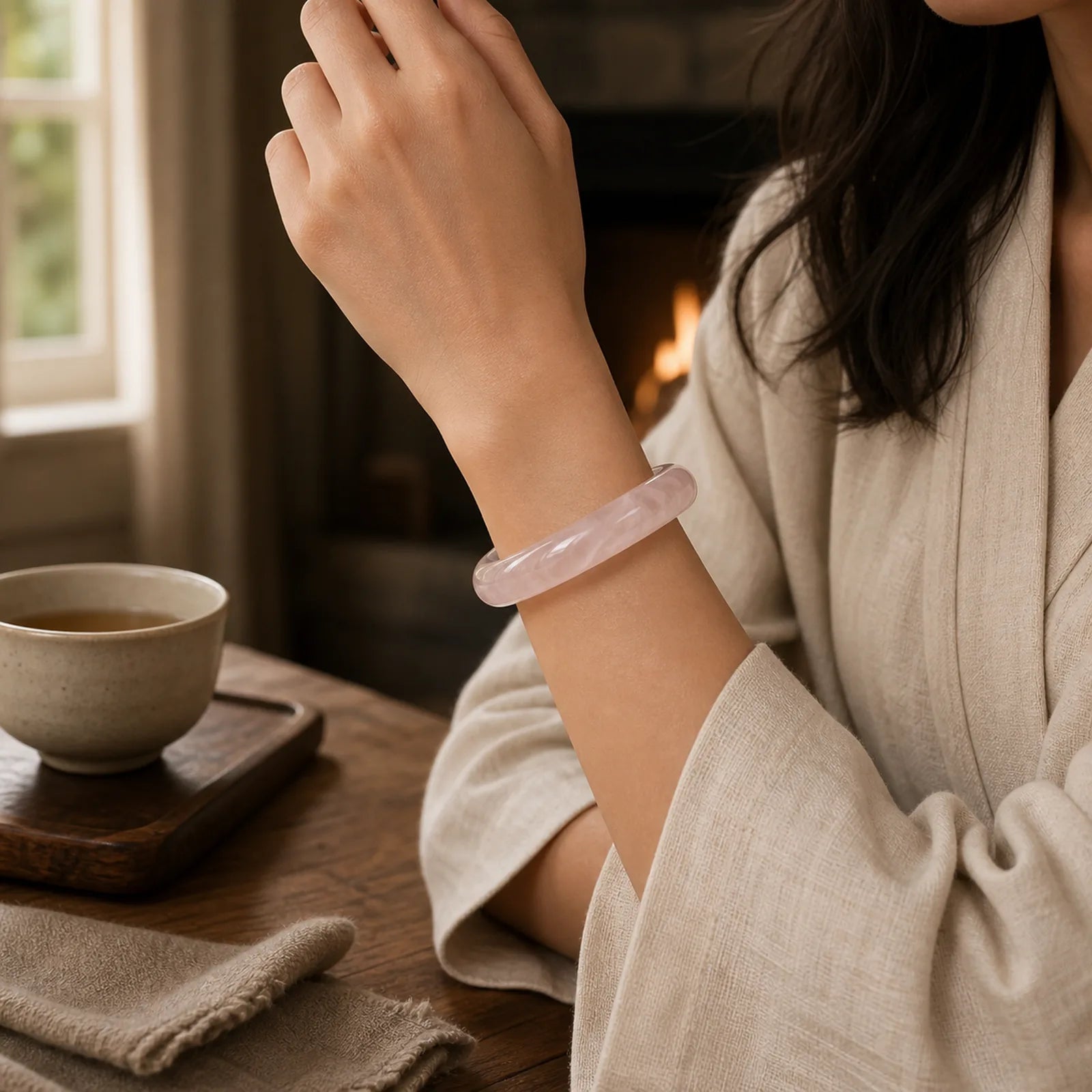 Natural Rose Quartz Love Caring Bracelet Bangle featuring Rose Quartz, Jade