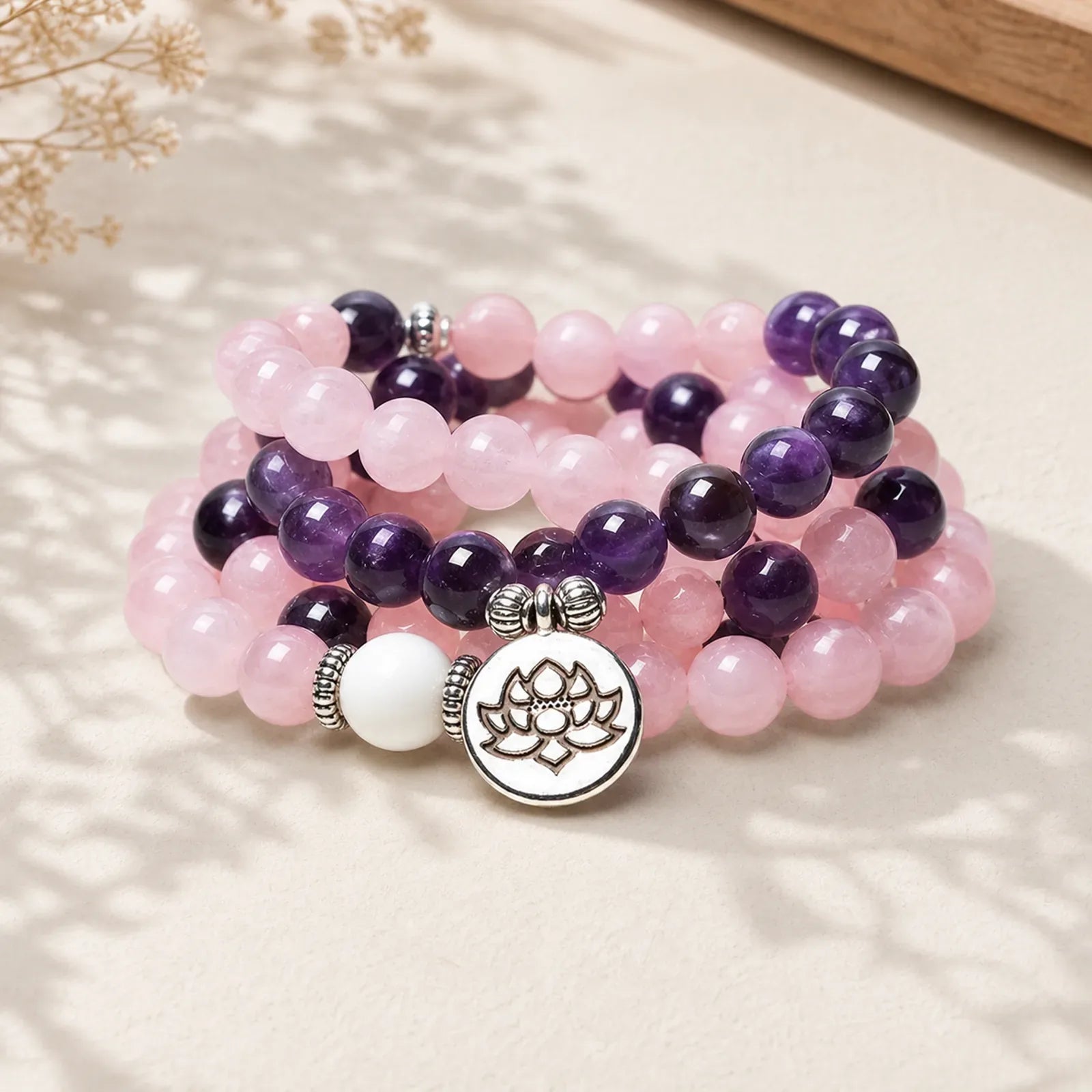 Natural Rose Quartz & Amethyst Mala Bead Lotus Pendant Bracelet featuring Rose Quartz, Amethyst, Lotus