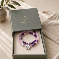 Natural Rose Quartz & Amethyst Mala Bead Lotus Pendant Bracelet featuring Rose Quartz, Amethyst, Lotus