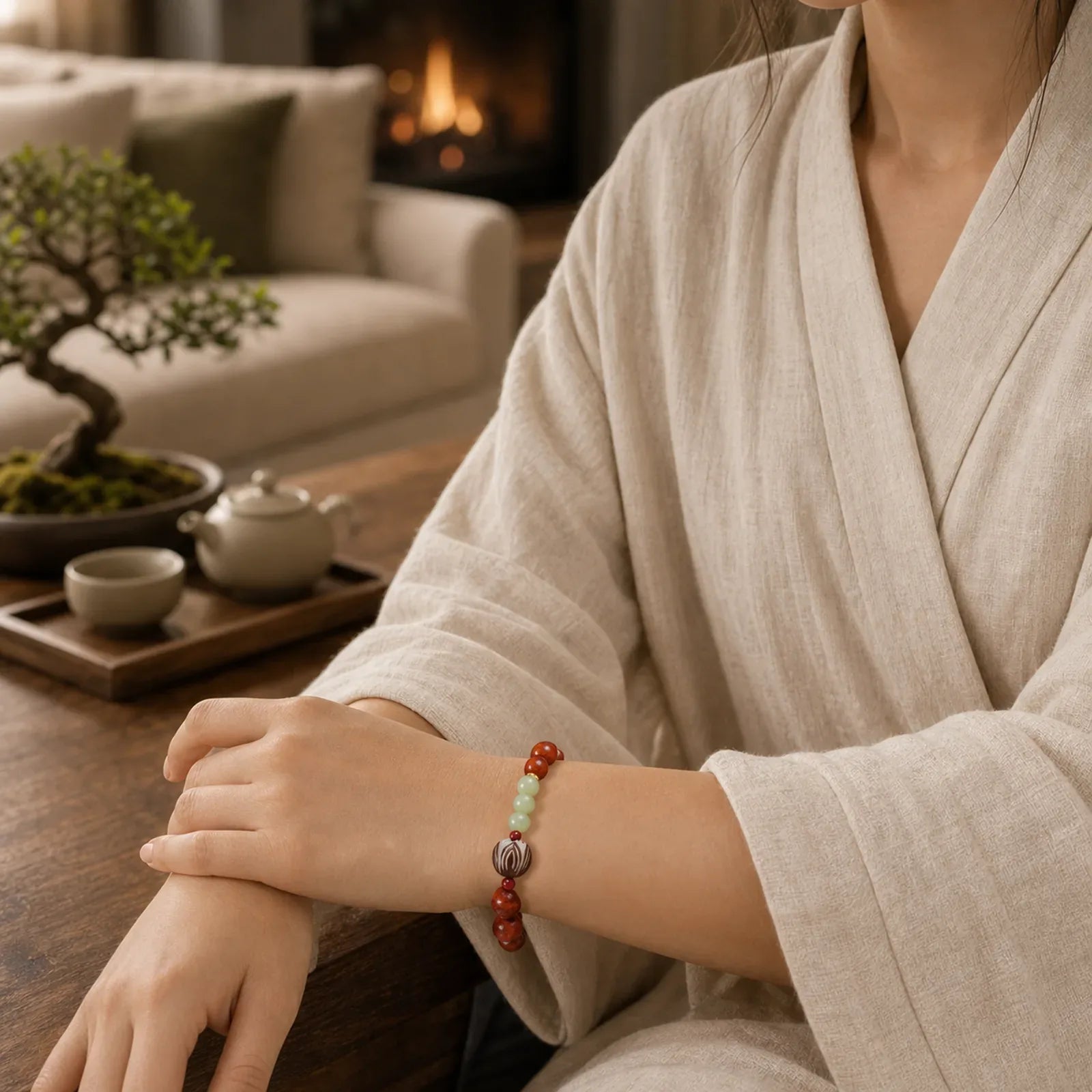 Natural Rosewood Cyan Jade Bodhi Seed Lotus Warmth Calm Bracelet featuring Rosewood, Cyan Jade, Jade