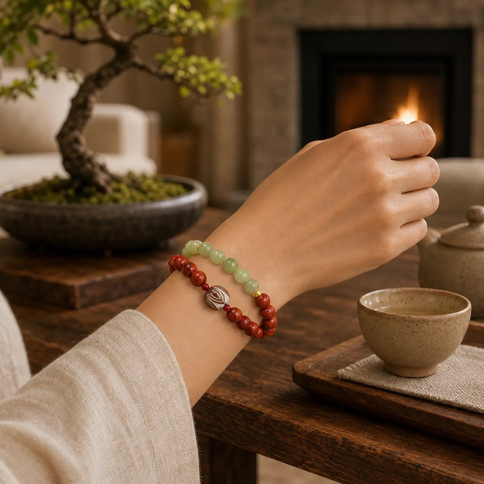 Natural Rosewood Cyan Jade Bodhi Seed Lotus Warmth Calm Bracelet featuring Rosewood, Cyan Jade, Jade