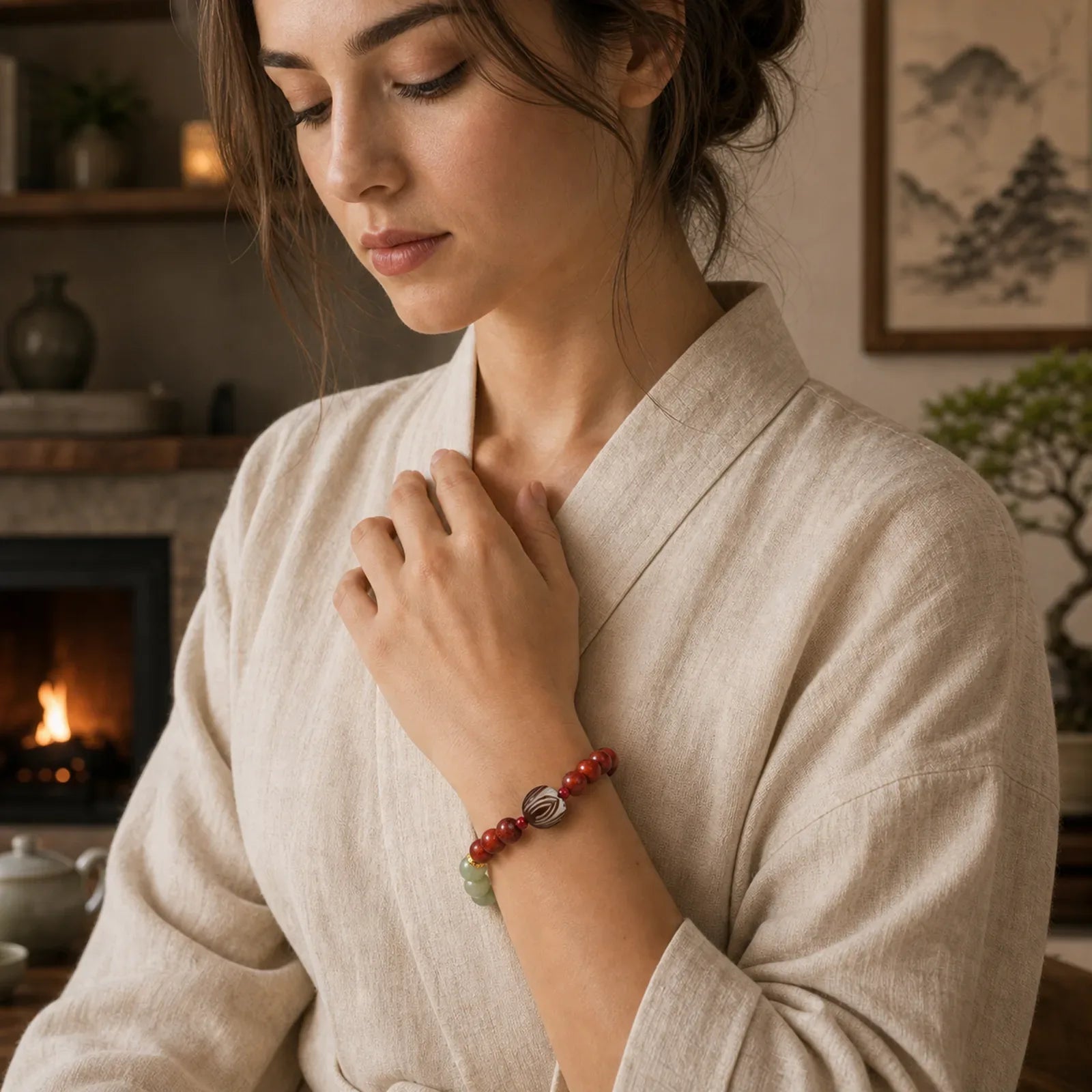 Natural Rosewood Cyan Jade Bodhi Seed Lotus Warmth Calm Bracelet featuring Rosewood, Cyan Jade, Jade