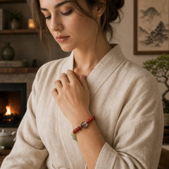 Natural Rosewood Cyan Jade Bodhi Seed Lotus Warmth Calm Bracelet featuring Rosewood, Cyan Jade, Jade