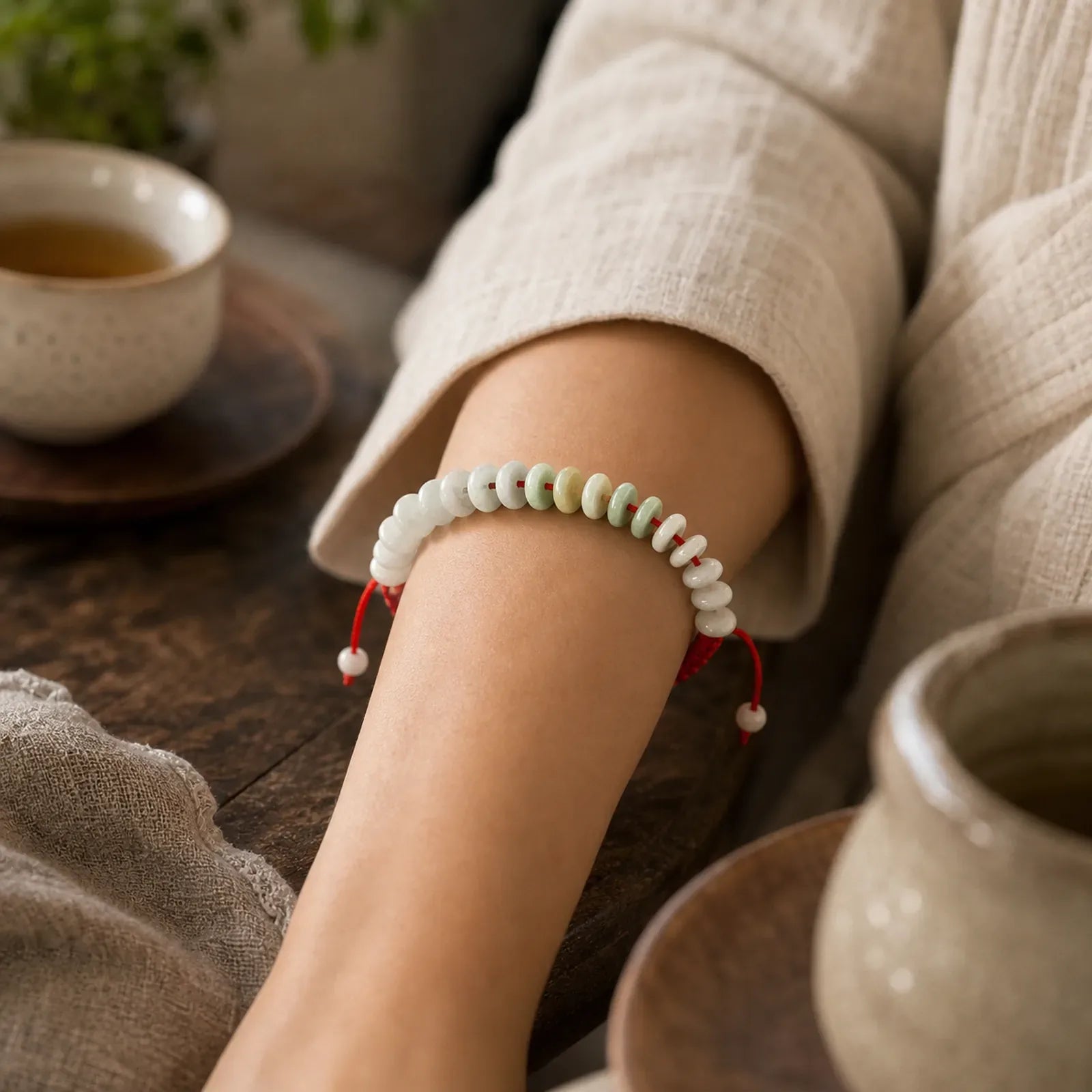Natural Round Jade Luck Red String Protection Bracelet featuring Jade, Red String
