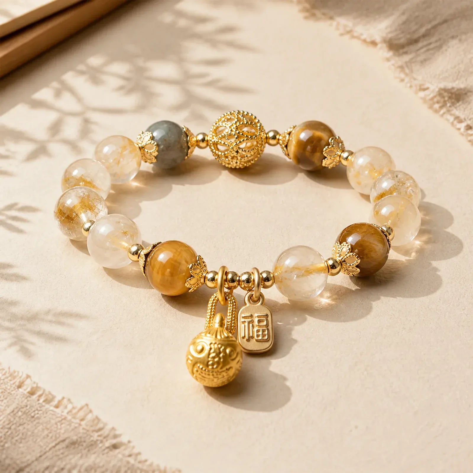 Natural Rutilated Quartz Fu Character Metal Swallowing Beast Auspiciousness Bracelet featuring Rutilated Quartz, Fu Character, Copper