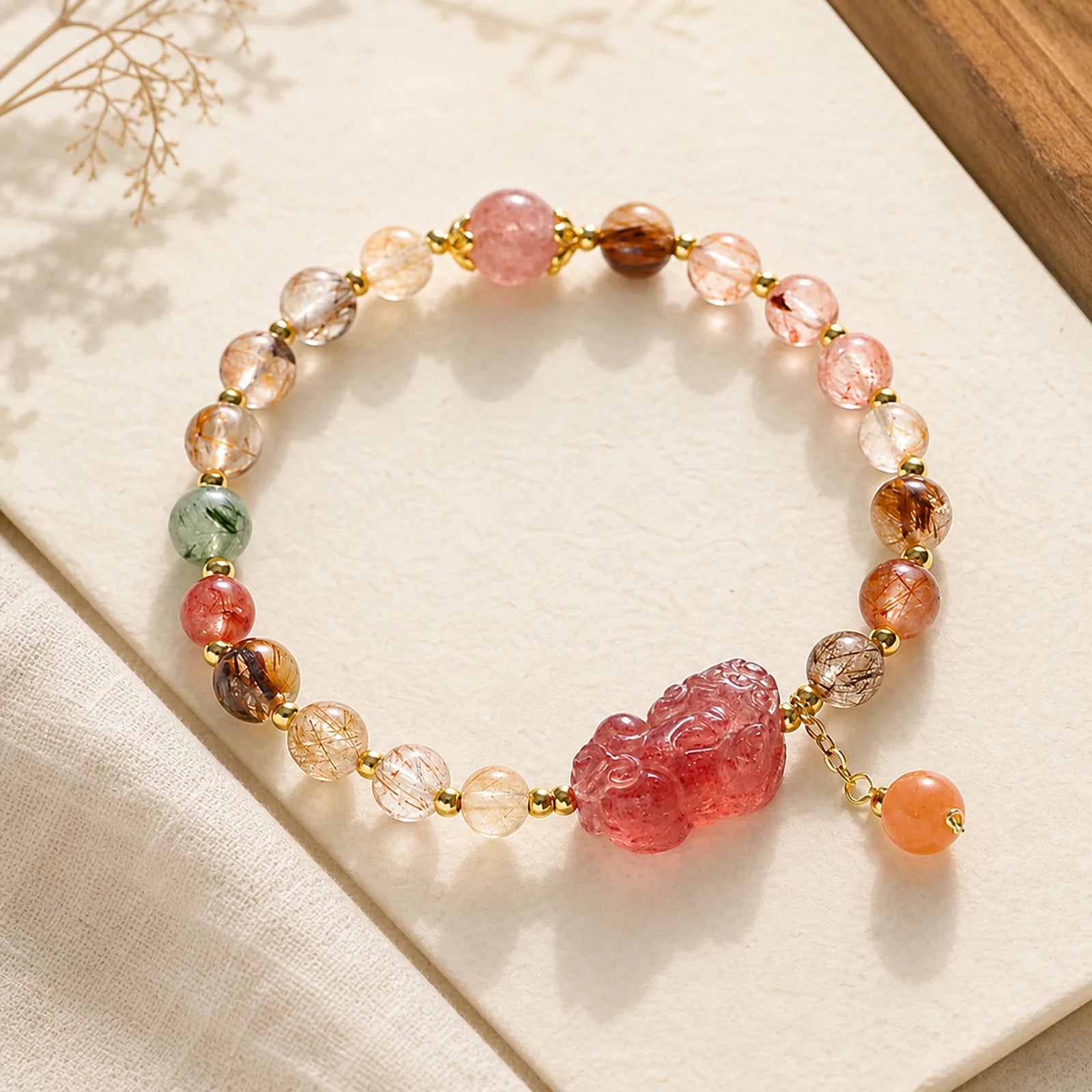 Natural Rutilated Quartz Strawberry Quartz PiXiu Wealth Bracelet featuring Rutilated Quartz, Strawberry Quartz, Pixiu