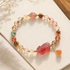 Natural Rutilated Quartz Strawberry Quartz PiXiu Wealth Bracelet featuring Rutilated Quartz, Strawberry Quartz, Pixiu