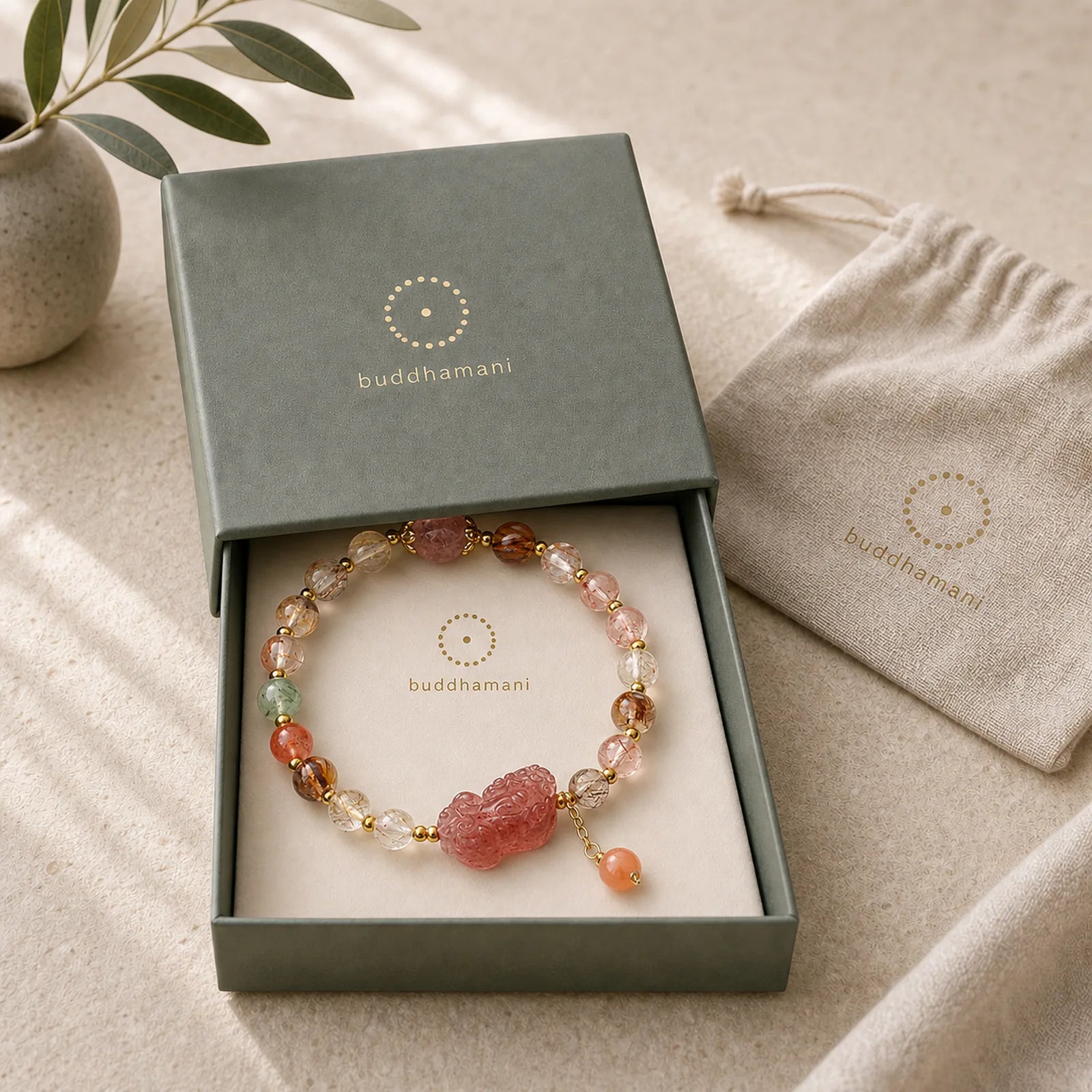 Natural Rutilated Quartz Strawberry Quartz PiXiu Wealth Bracelet featuring Rutilated Quartz, Strawberry Quartz, Pixiu