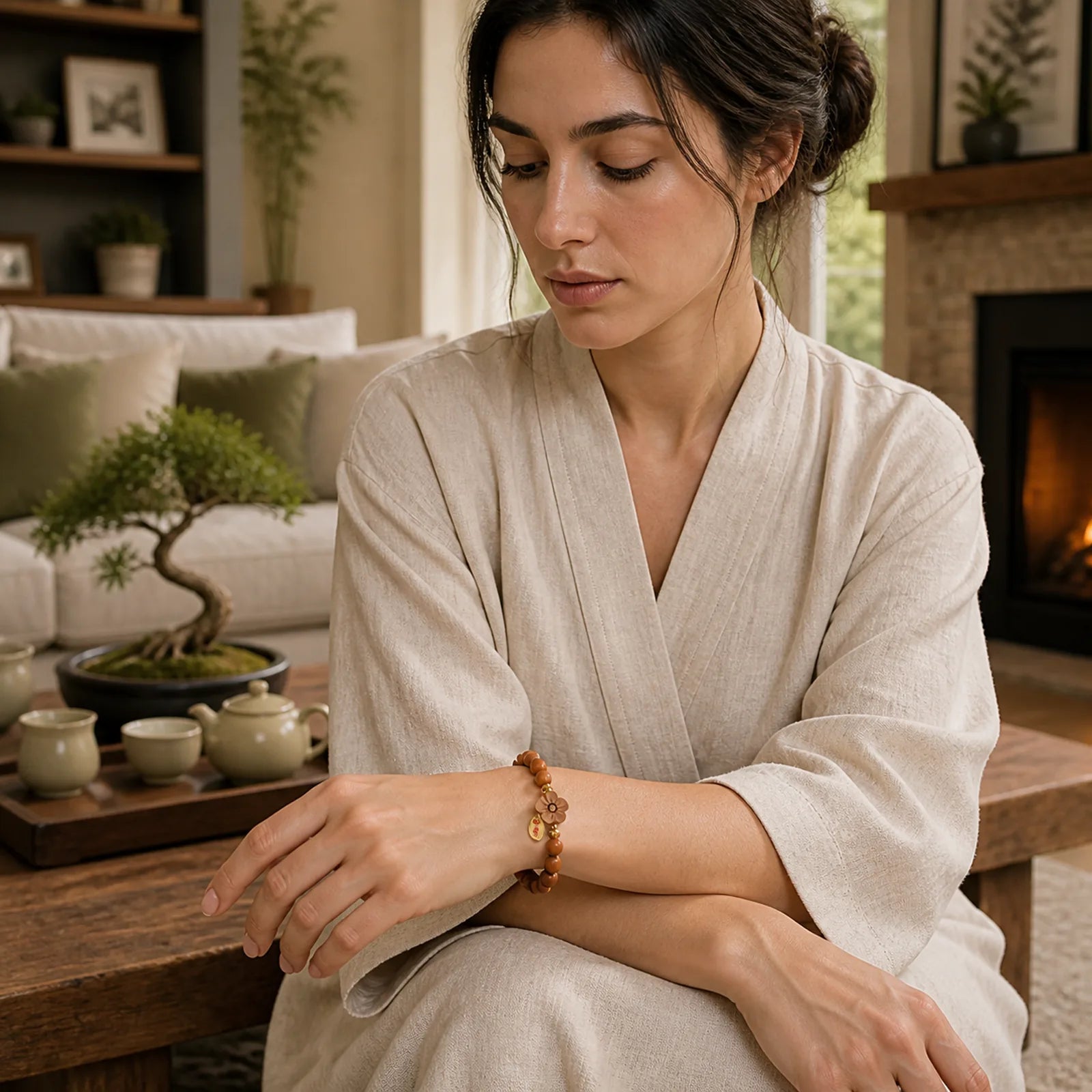 Natural Sandalwood Peach Blossom Small Leaf Red Sandalwood Ruyi Charm Protection Bracelet featuring Sandalwood, Small Leaf Red Sandalwood, Red Sandalwood