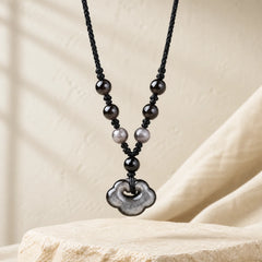 Natural Silver Sheen Obsidian Auspicious Clouds Protection Soothing Necklace Pendant featuring Silver, Silver Sheen Obsidian, Obsidian