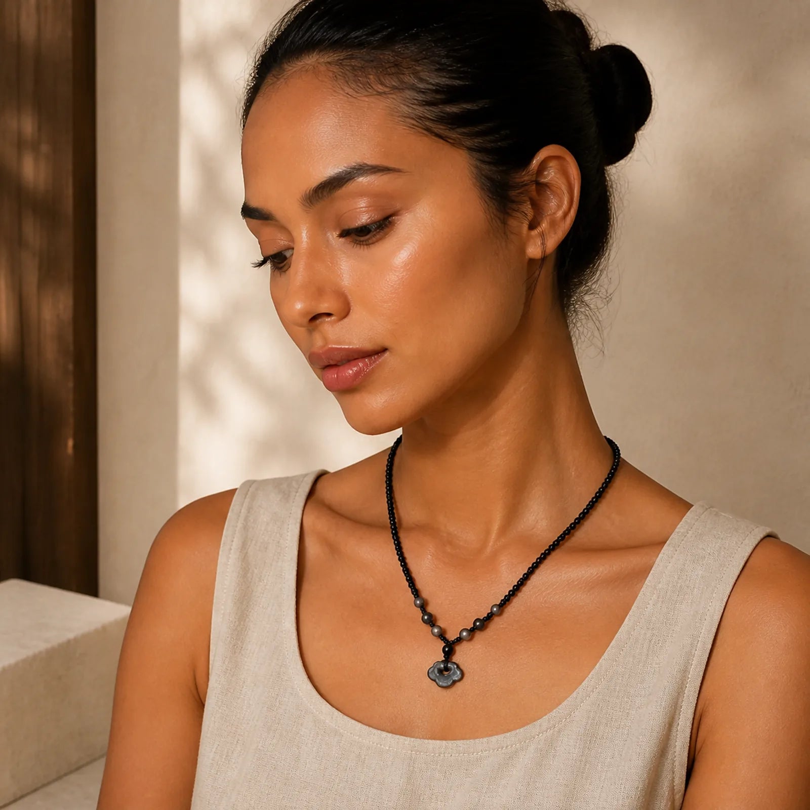 Natural Silver Sheen Obsidian Auspicious Clouds Protection Soothing Necklace Pendant featuring Silver, Silver Sheen Obsidian, Obsidian