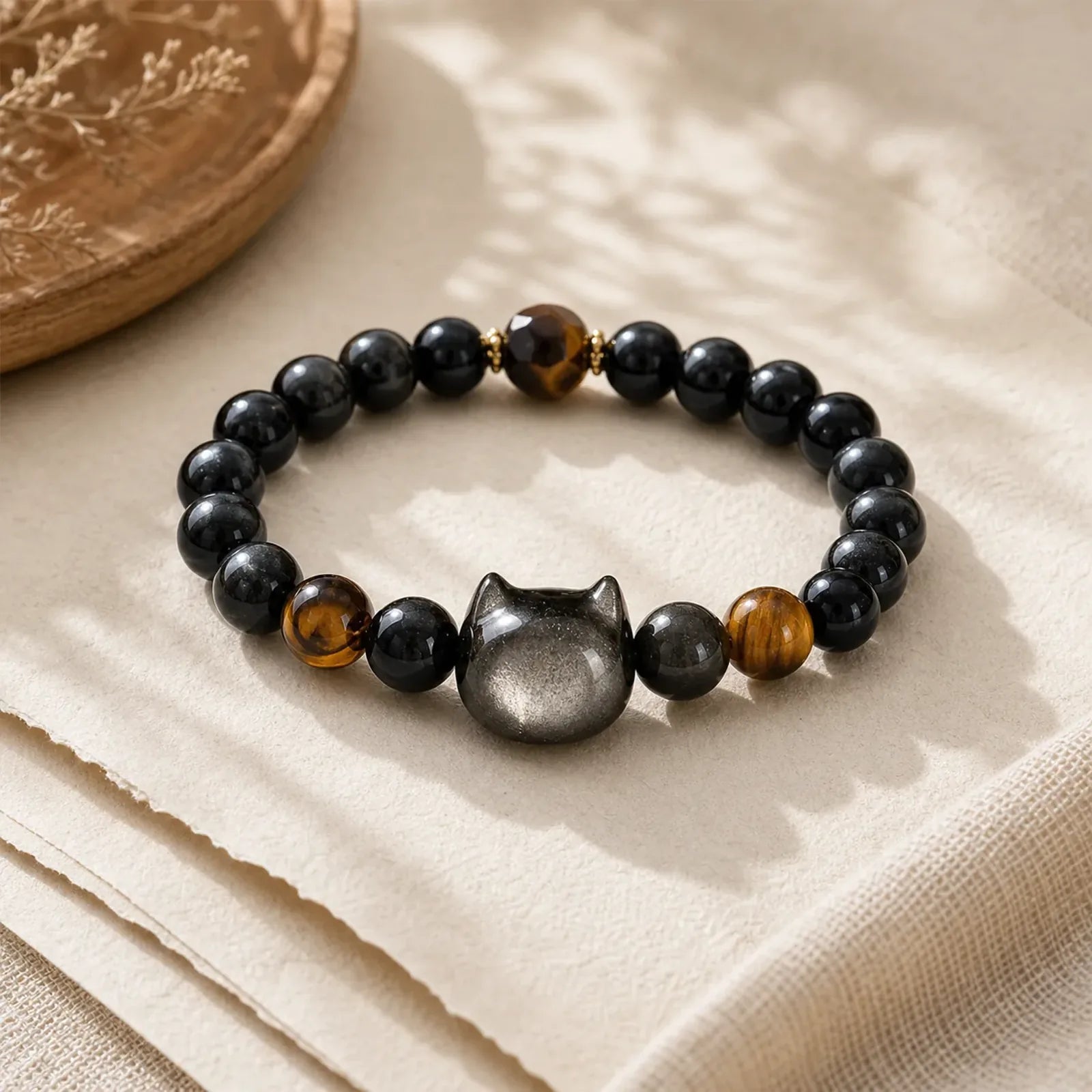 Natural Silver Sheen Obsidian Beads Cute Cat Soothing Bracelet featuring Silver, Silver Sheen Obsidian, Obsidian