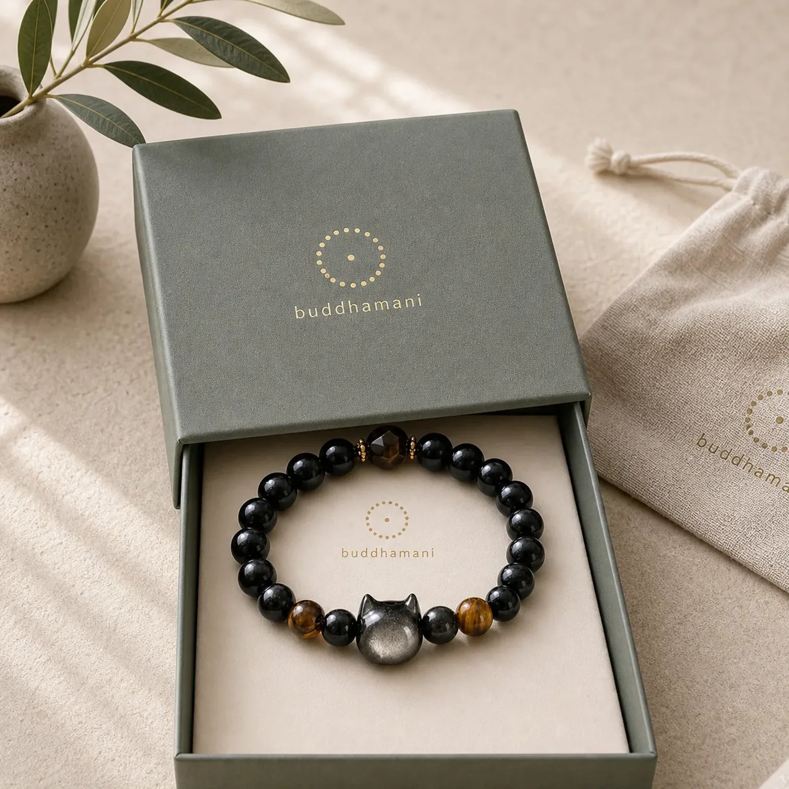 Natural Silver Sheen Obsidian Beads Cute Cat Soothing Bracelet featuring Silver, Silver Sheen Obsidian, Obsidian