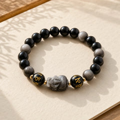 Natural Silver Sheen Obsidian Black Obsidian Om Mani Padme Hum Pixiu Protection Bracelet featuring Silver, Silver Sheen Obsidian, Black Obsidian
