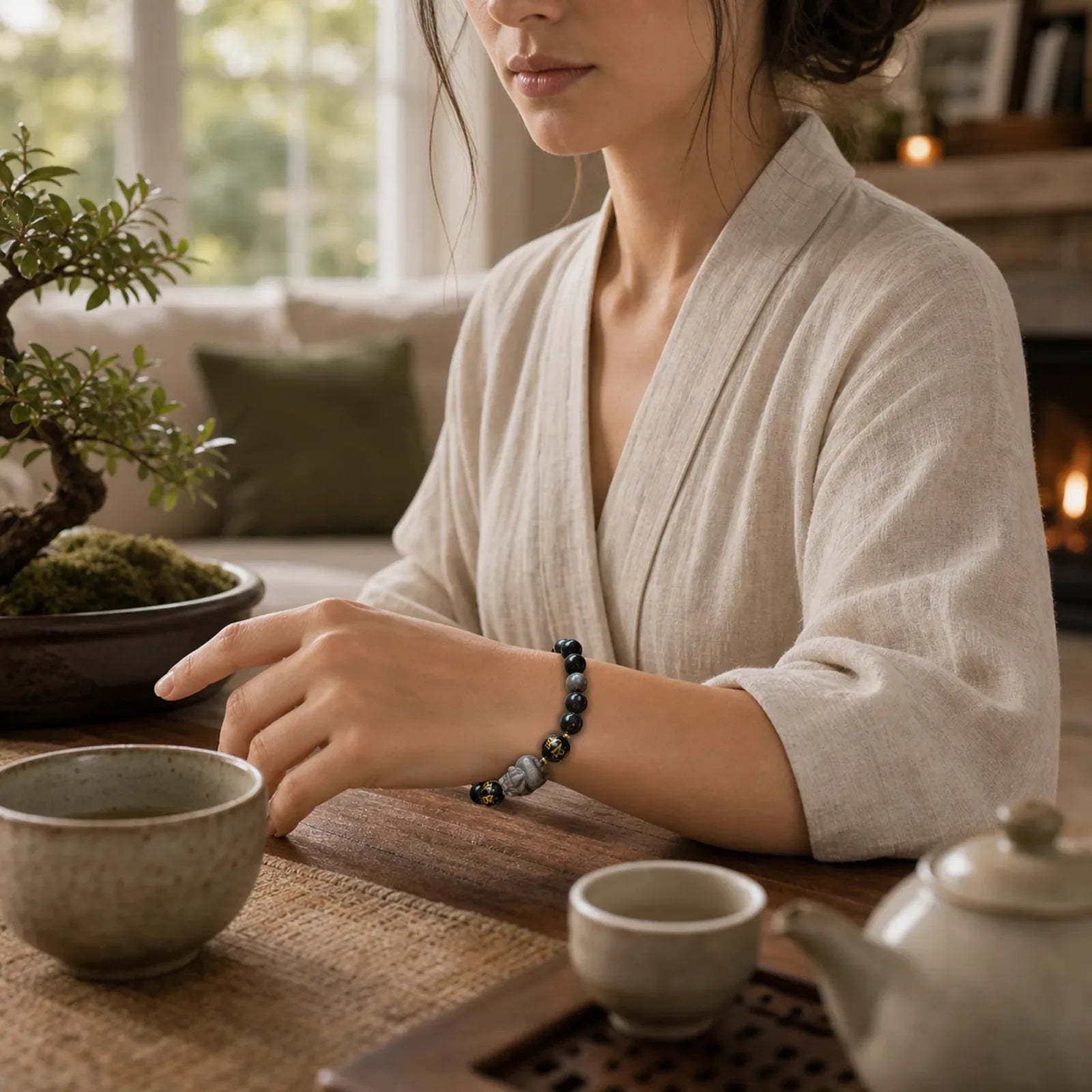 Natural Silver Sheen Obsidian Black Obsidian Om Mani Padme Hum Pixiu Protection Bracelet featuring Silver, Silver Sheen Obsidian, Black Obsidian