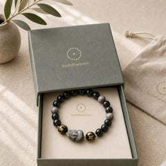 Natural Silver Sheen Obsidian Black Obsidian Om Mani Padme Hum Pixiu Protection Bracelet featuring Silver, Silver Sheen Obsidian, Black Obsidian