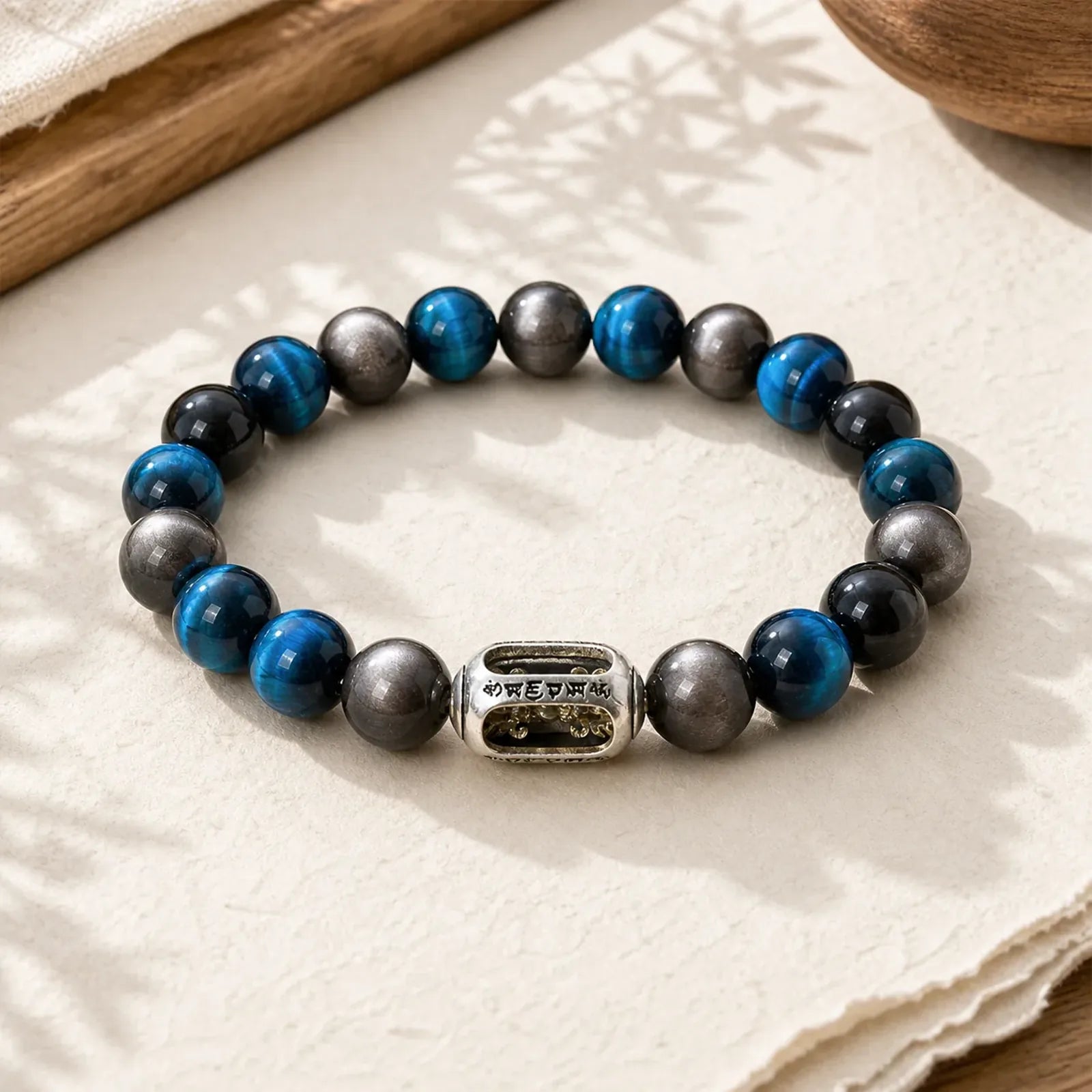 Natural Silver Sheen Obsidian Blue Tiger Eye Om Mani Padme Hum Soothing Bracelet featuring Silver, Silver Sheen Obsidian, Obsidian