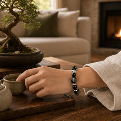 Natural Silver Sheen Obsidian Cat Head Fox Planet Protection Bracelet featuring Silver, Silver Sheen Obsidian, Obsidian