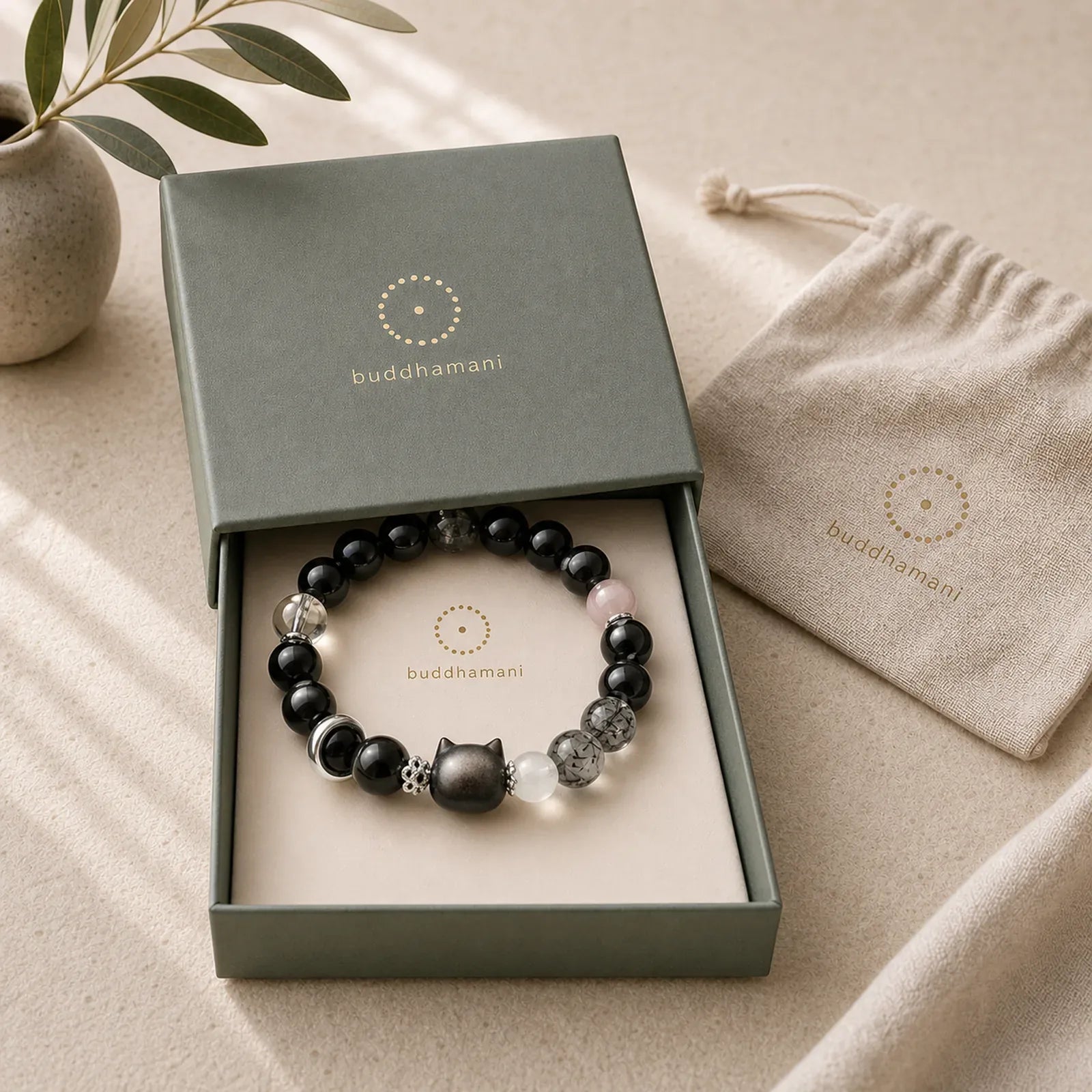 Natural Silver Sheen Obsidian Cat Head Fox Planet Protection Bracelet featuring Silver, Silver Sheen Obsidian, Obsidian