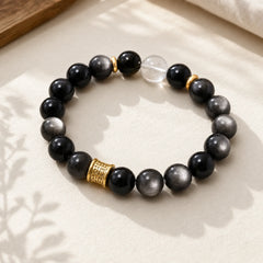 Natural Silver Sheen Obsidian Crystal Om Mani Padme Hum Bead Protection Bracelet featuring Silver, Silver Sheen Obsidian, Obsidian