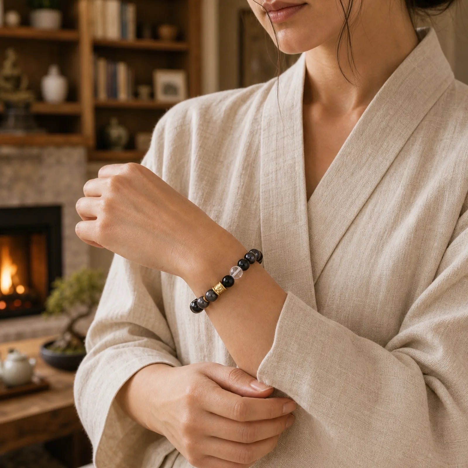 Natural Silver Sheen Obsidian Crystal Om Mani Padme Hum Bead Protection Bracelet featuring Silver, Silver Sheen Obsidian, Obsidian