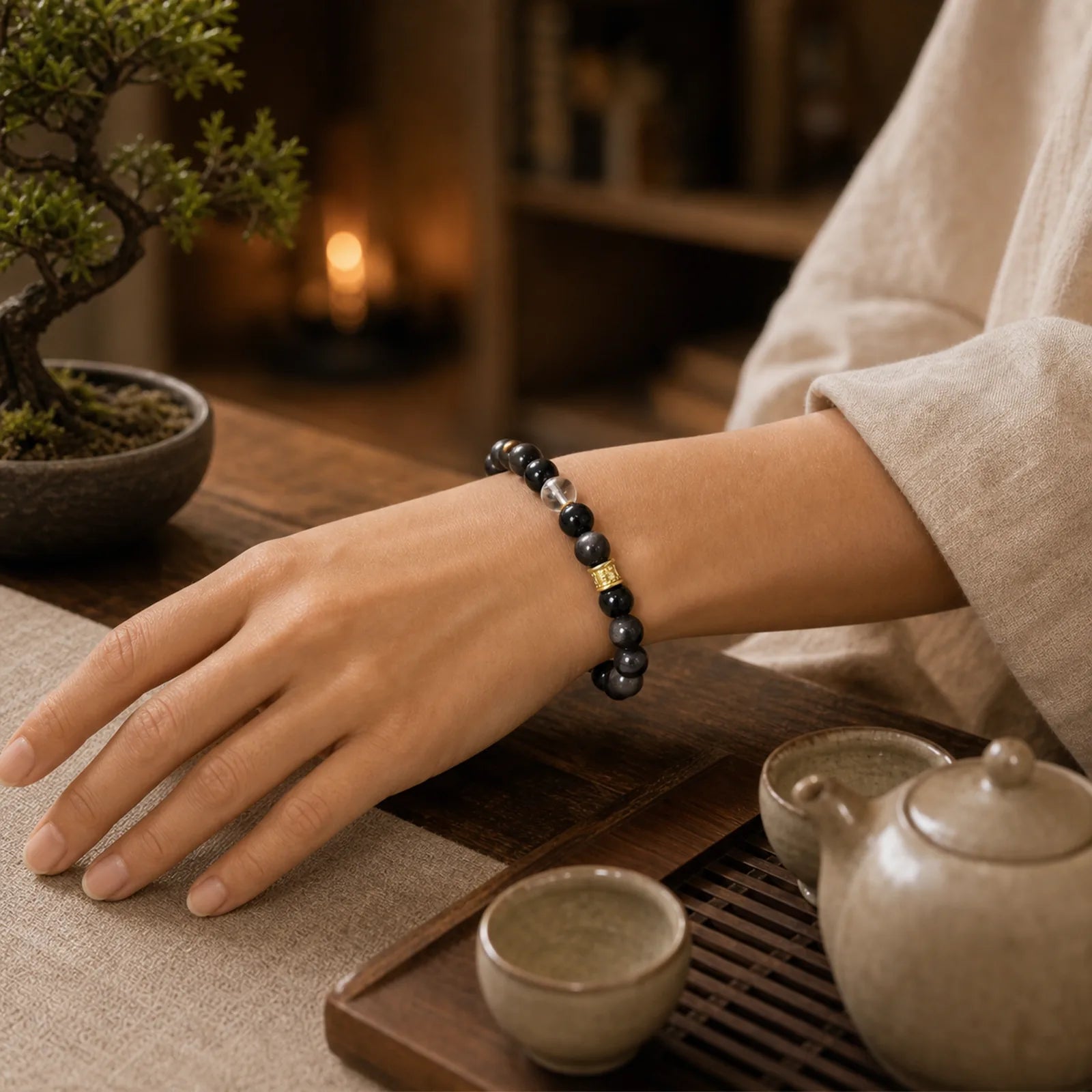 Natural Silver Sheen Obsidian Crystal Om Mani Padme Hum Bead Protection Bracelet featuring Silver, Silver Sheen Obsidian, Obsidian